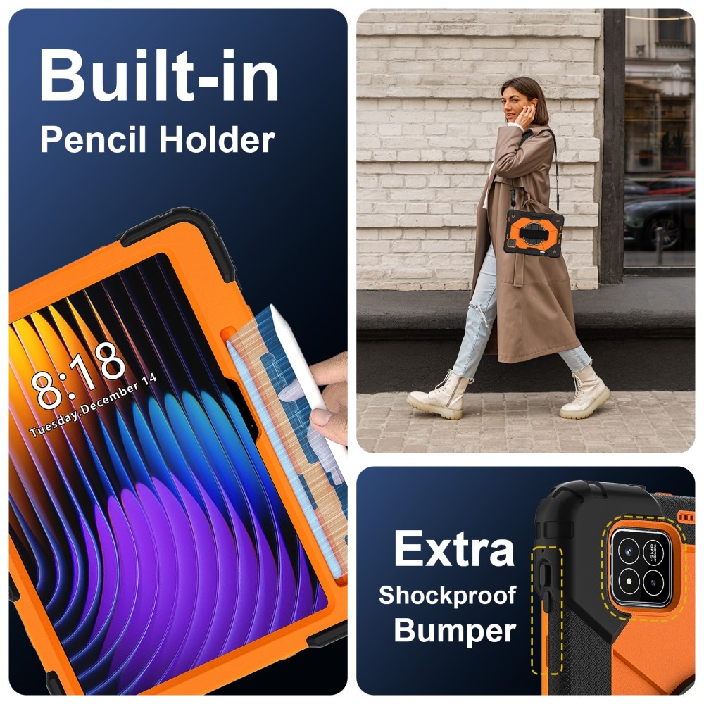 Strap odolný kryt s držákem na ruku a ramenním popruhem na Xiaomi Pad 7/7 Pro - černý/oranžový