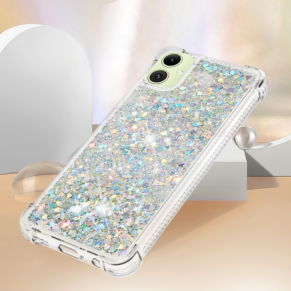 Glitter přesýpací gelový obal na Samsung Galaxy A06 4G - stříbrný/srdíčka