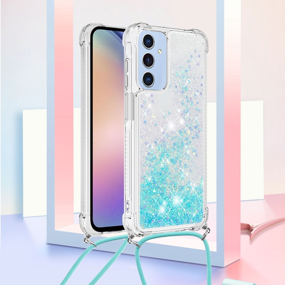 Glitters přesýpací gelový obal se šňůrkou na Samsung Galaxy A26 5G - modrý/hvězdičky