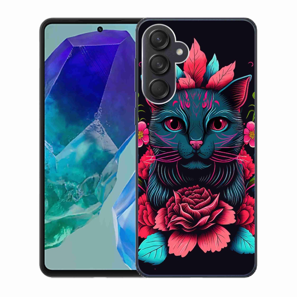 Gelový kryt mmCase na Samsung Galaxy M55 5G - květiny a kočka