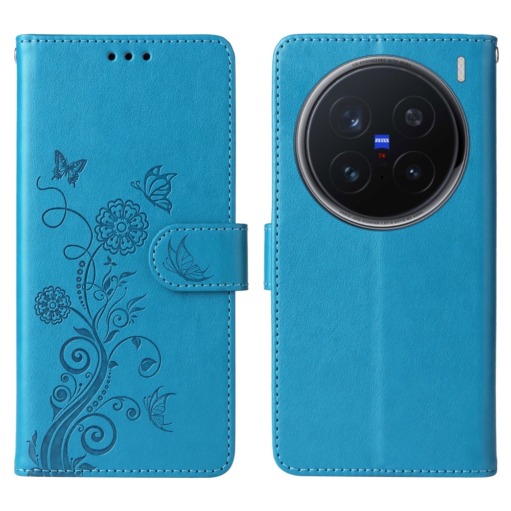 Flowery knížkové pouzdro na Vivo X200 Pro 5G - modré