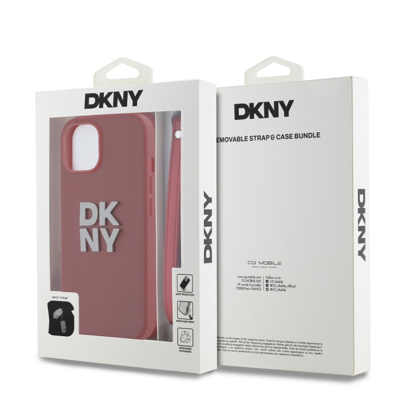 DKNY PU Leather Stack Logo Wrist Strap Zadní Kryt pro iPhone 15 Red