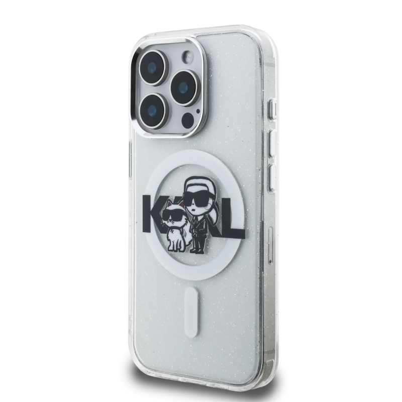 Karl Lagerfeld IML Glitter Karl and Choupette Sketch MagSafe Zadní Kryt pro iPhone 15 Pro Transparent