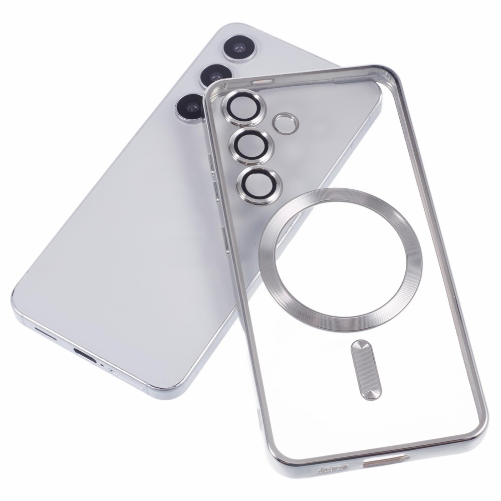 Clear obal s ochranou fotoaparátu a podporou MagSafe na Samsung Galaxy S25 - stříbrný