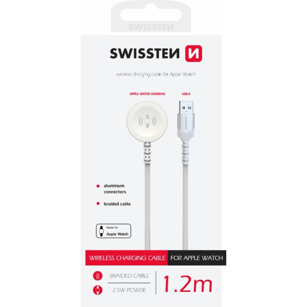 Swissten opletený kovový magnetický kabel pro Apple Watch, USB-A 1.2 m - bílý