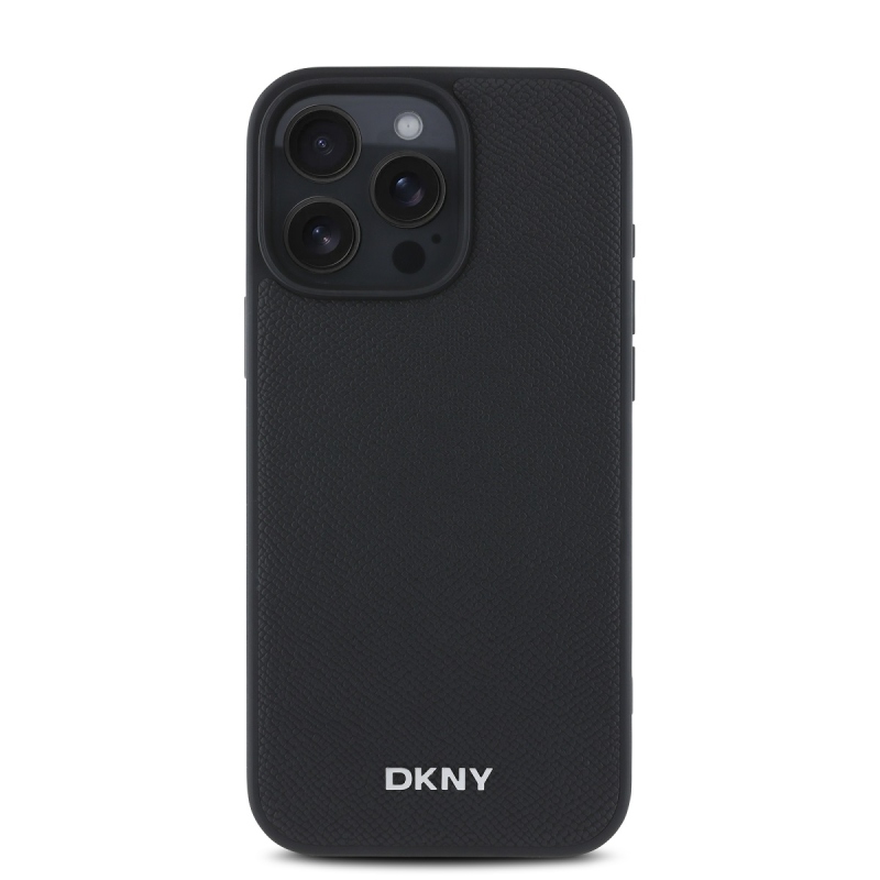 DKNY PU Leather Silver Metal Logo Magsafe Zadní Kryt pro iPhone 16 Pro Black