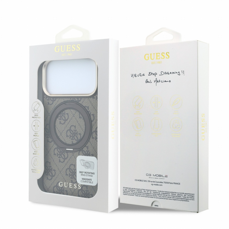 Guess PU 4G Ring Stand MagSafe Zadní Kryt pro iPhone 18 Pro Max Brown