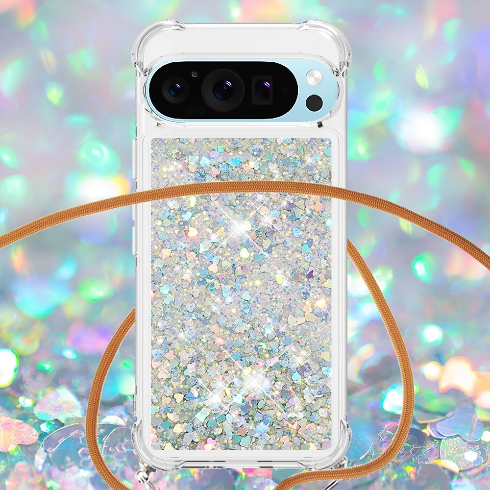 Glitters přesýpací gelový obal se šňůrkou na Google Pixel 10 Pro/Pixel 10 - stříbrný/srdíčka