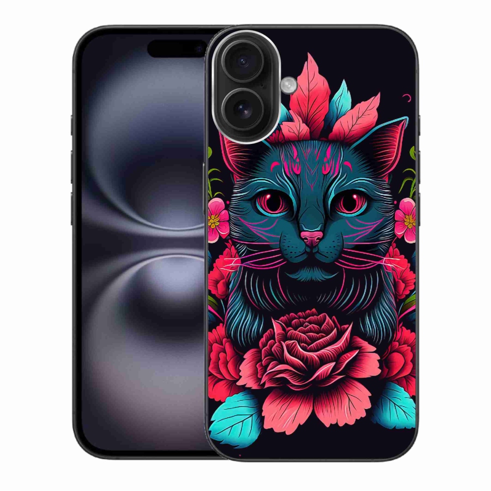 Gelový kryt mmCase na iPhone 16 Plus - květiny a kočka