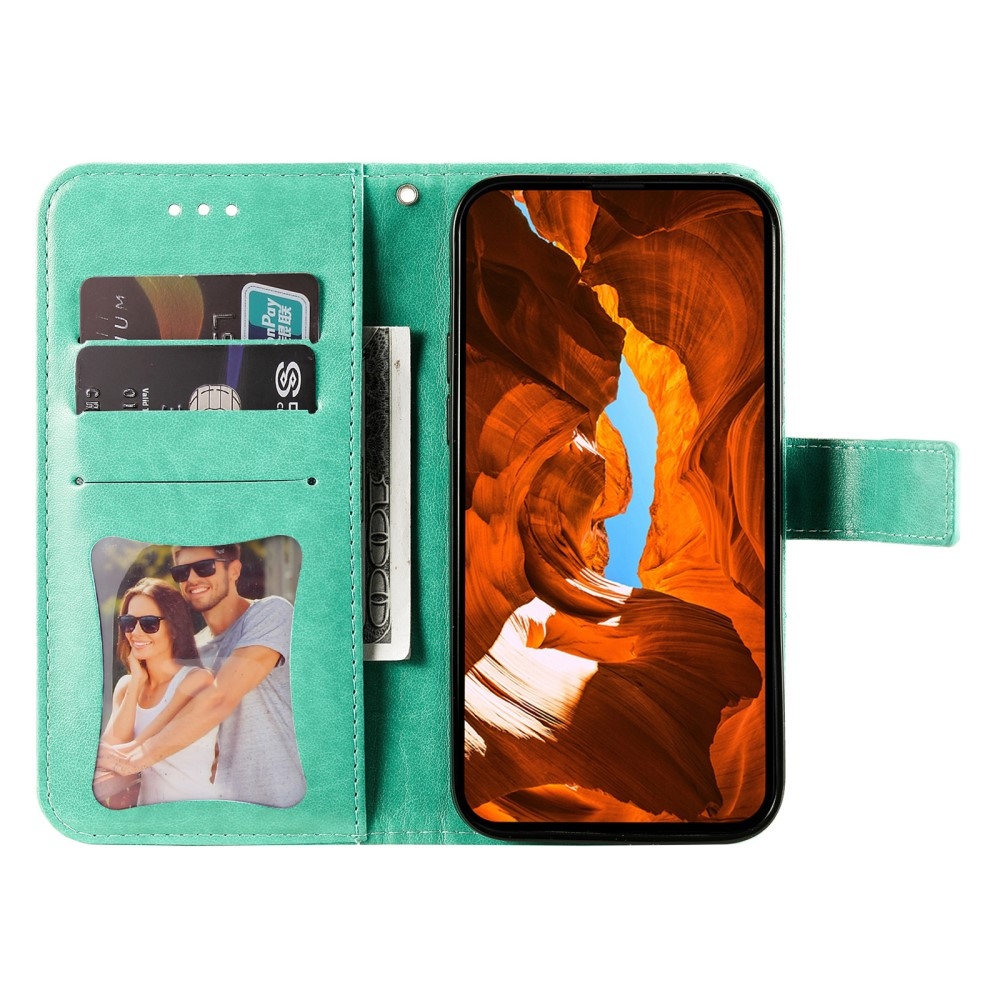 Floral knížkové pouzdro na Xiaomi Redmi Note 14 - modrozelené