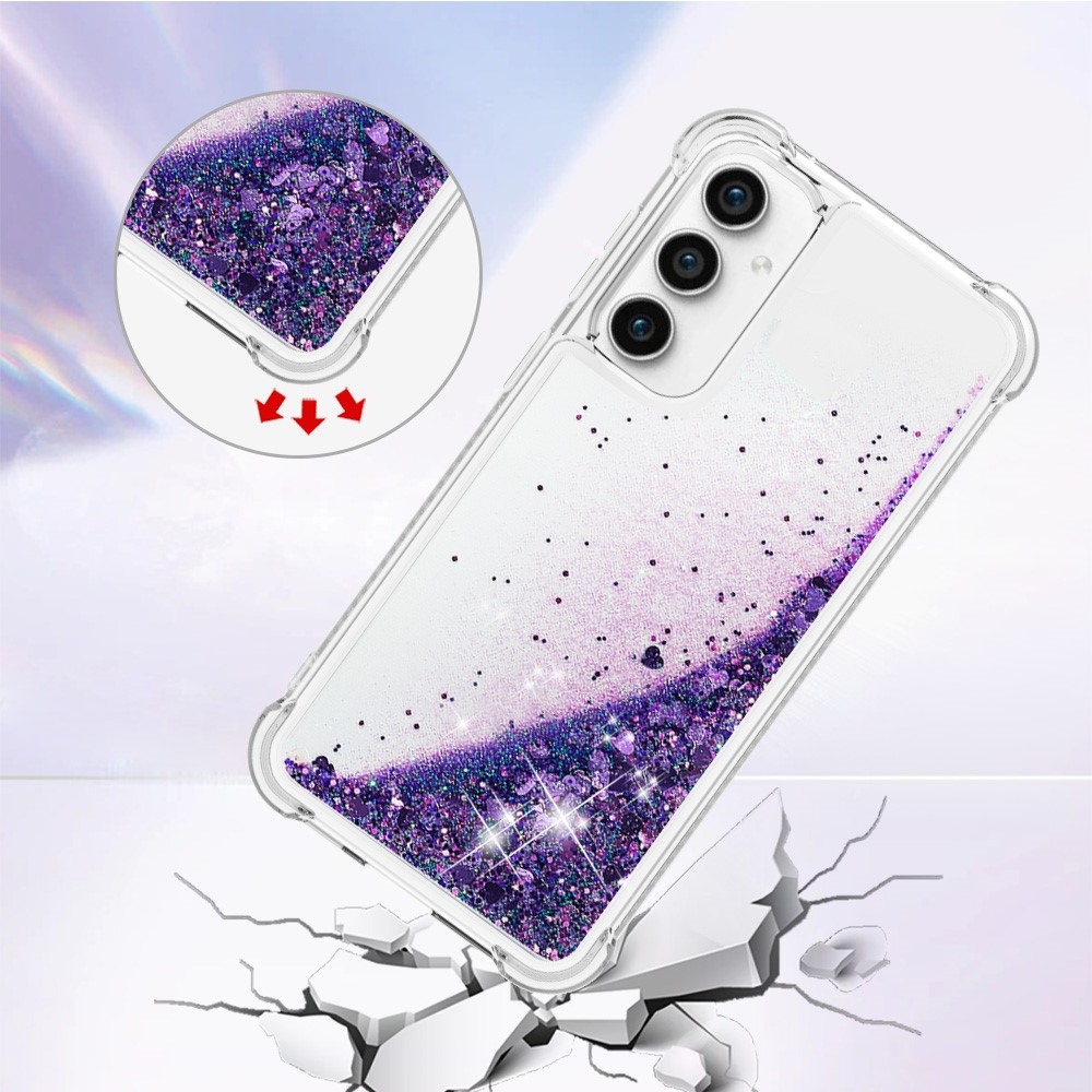 Glitter gelový přesýpací obal na Samsung Galaxy S23 FE - tmavěfialový/srdíčka