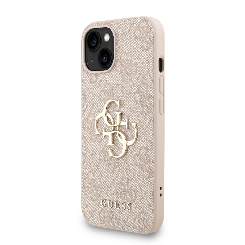 Guess PU 4G Metal Logo Strap Zadní Kryt pro iPhone 15 Pink