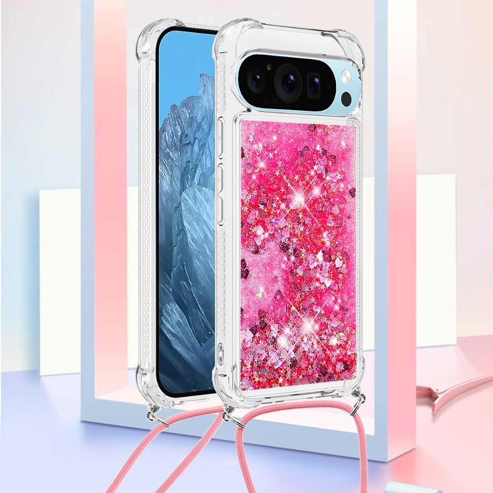 Glitters přesýpací gelový obal se šňůrkou na Google Pixel 10 Pro/Pixel 10 - růžový/srdíčka