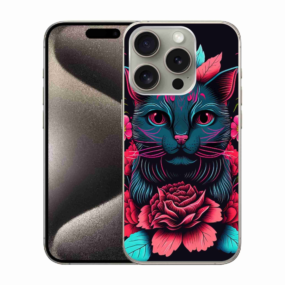 Gelový kryt mmCase na iPhone 15 Pro - květiny a kočka