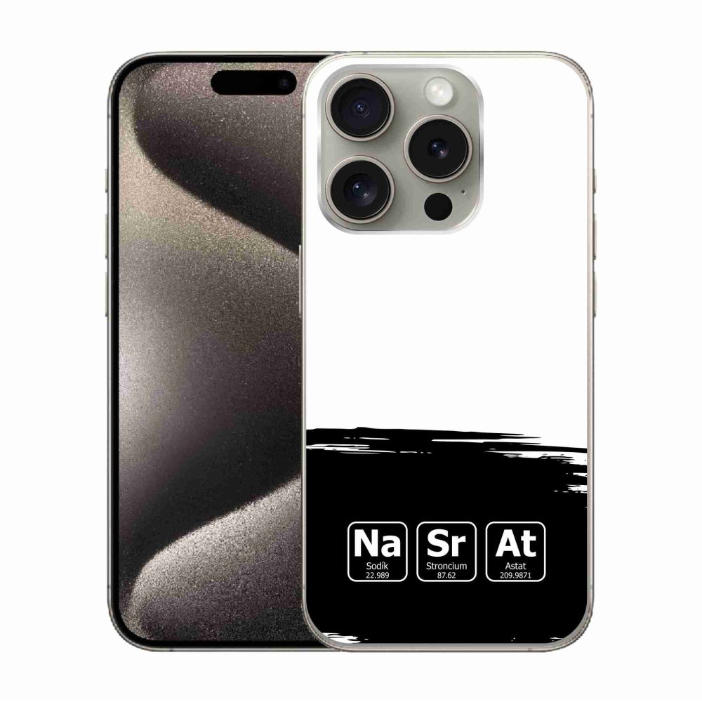 Gelový kryt mmCase na iPhone 15 Pro - chemické prvky černobílé pozadí