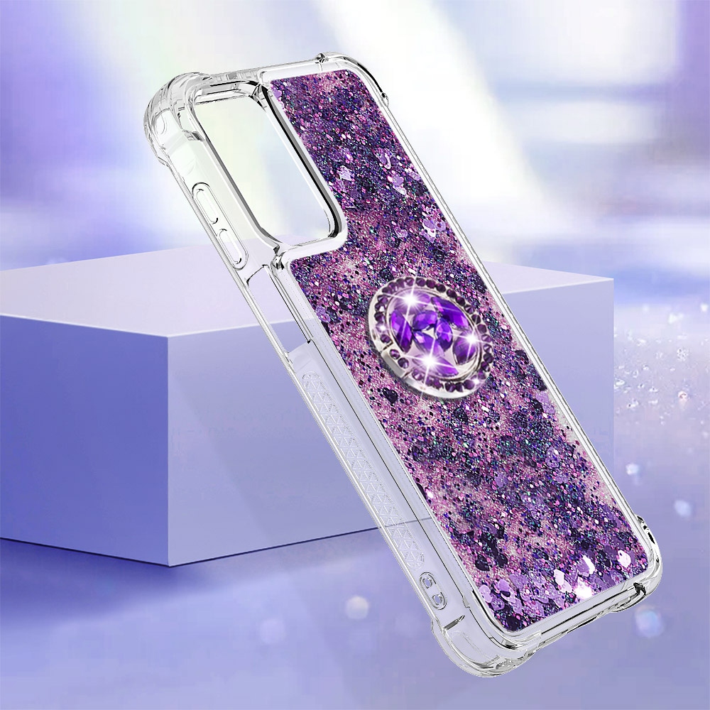 Glitt přesýpací gelový obal s kroužkem na prst na Samsung Galaxy A17 5G - tmavěfialový/srdíčka