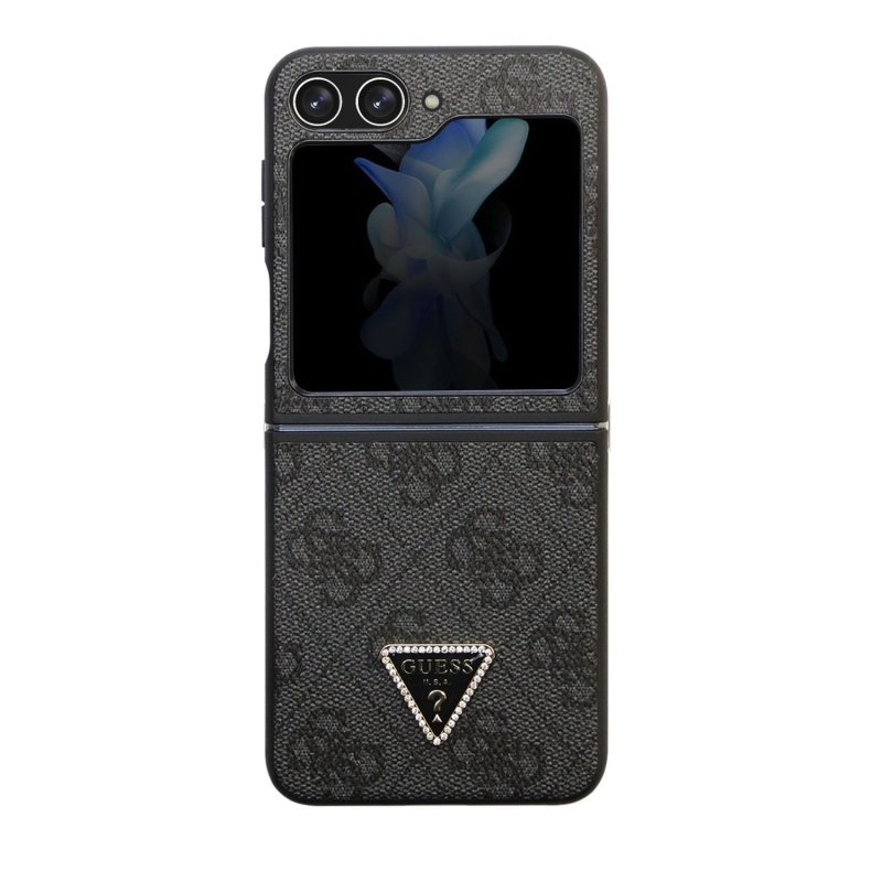 Guess 4G PU Leather Triangle Zadní Kryt pro Samsung Galaxy Z Flip 5 Black