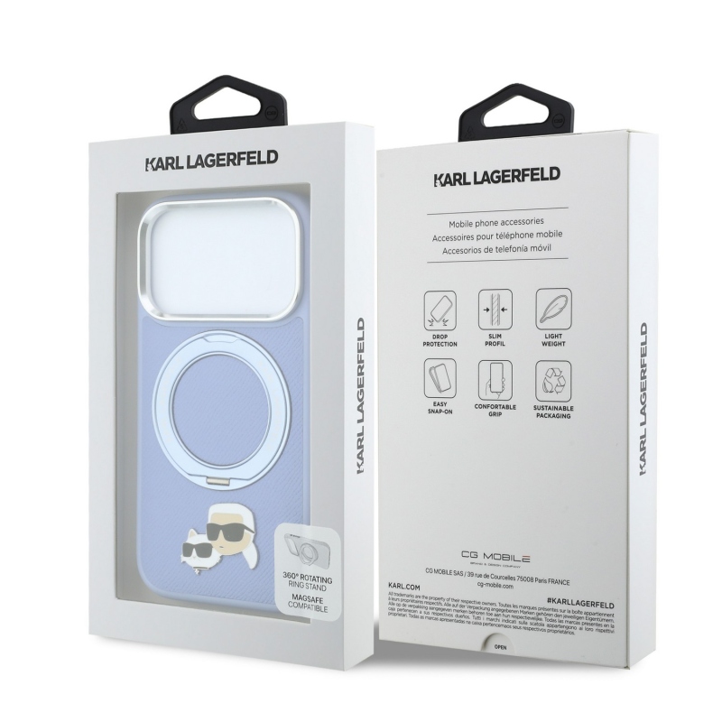 Karl Lagerfeld PU Grained K&CH Heads Ring Stand Magsafe Zadní Kryt pro iPhone 18 Pro Blue