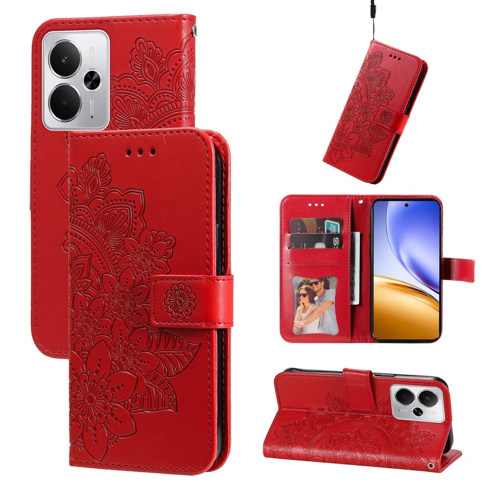 Floral knížkové pouzdro na Realme 14 5G - červené