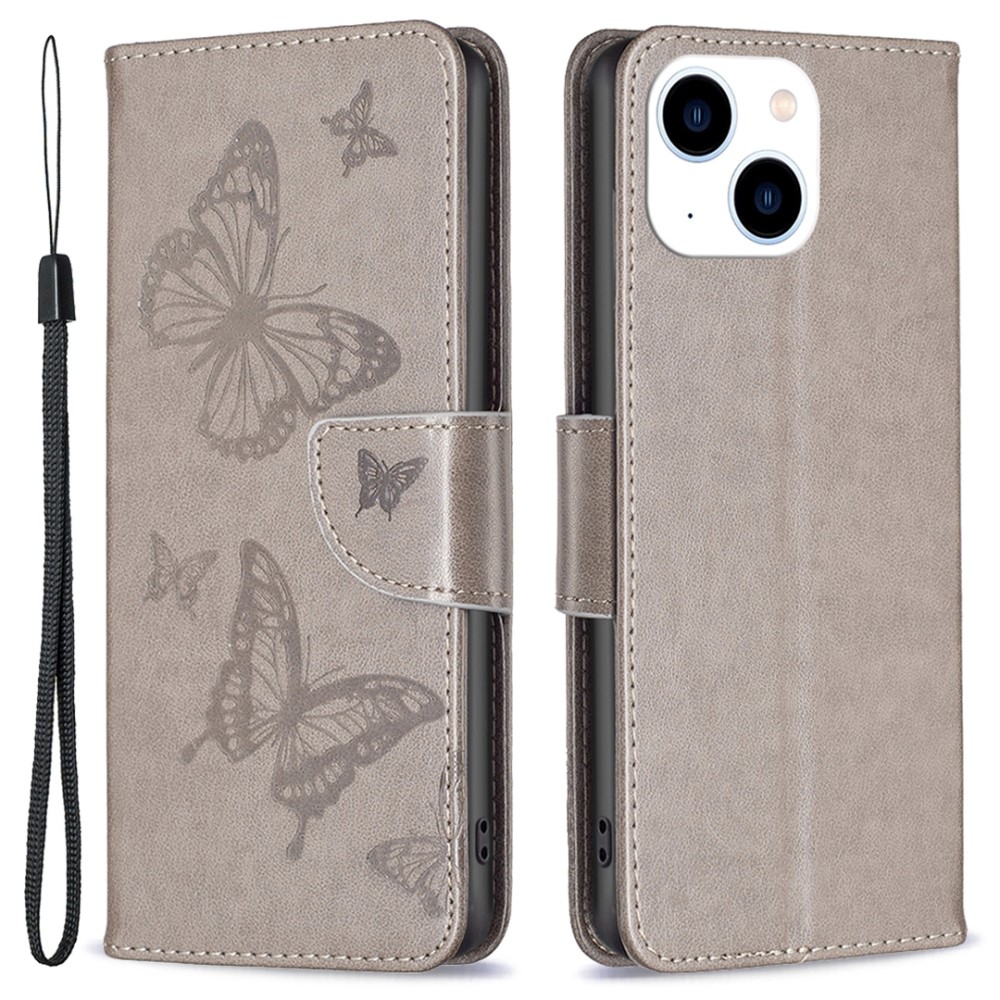 Butterfly knížkové pouzdro na iPhone 15 - šedé