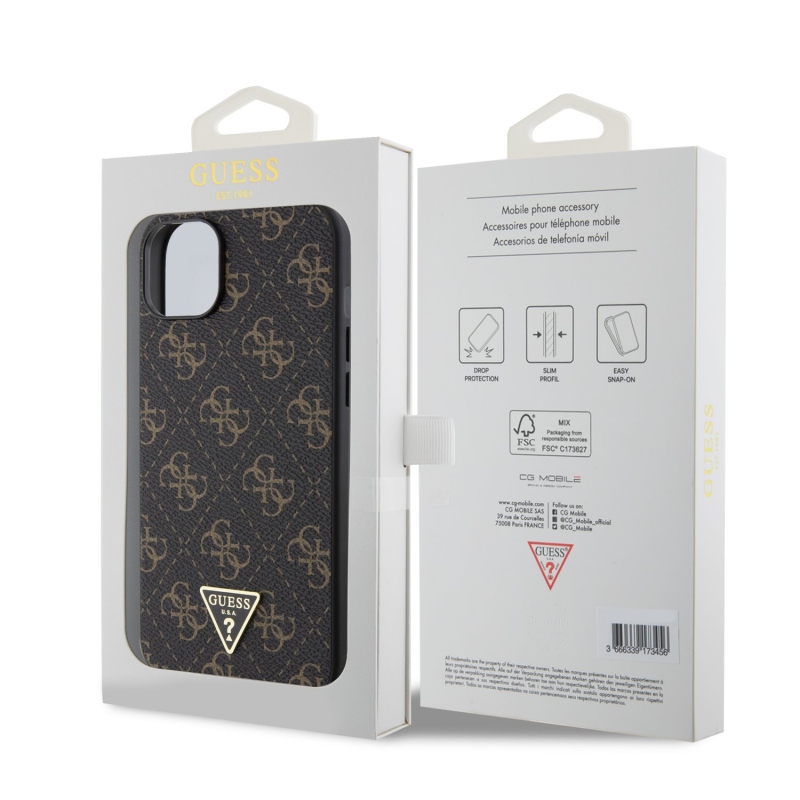 Guess PU 4G Triangle Metal Logo Zadní Kryt pro iPhone 15 Plus Black