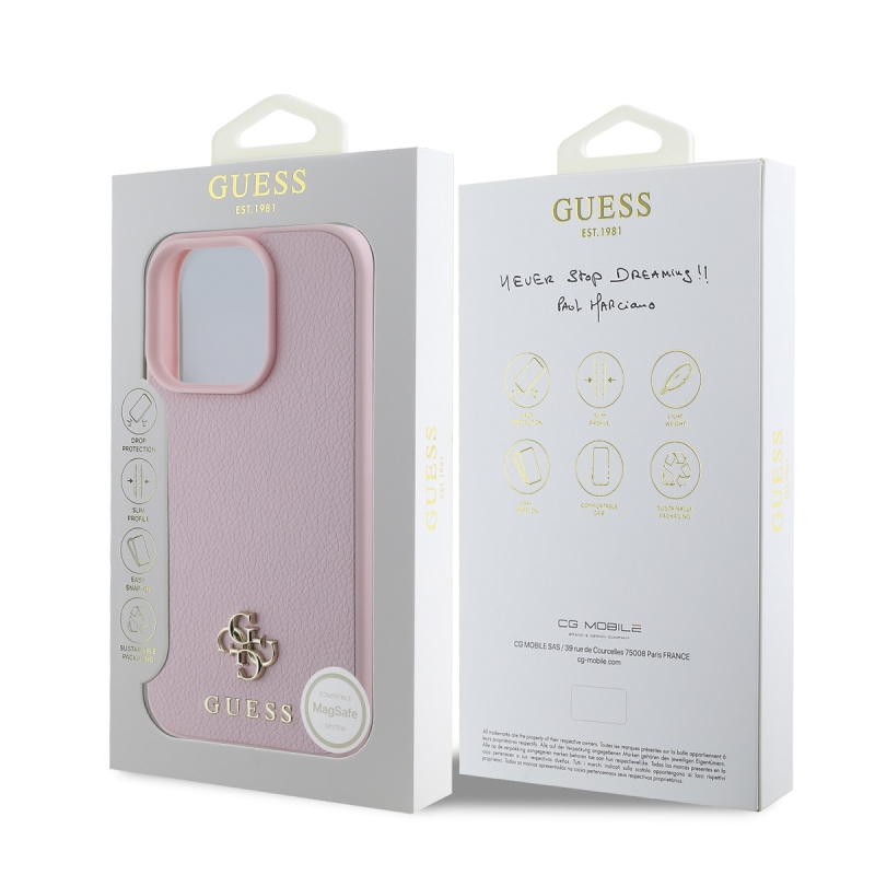 Guess PU Grained 4G Small Metal Logo MagSafe Zadní Kryt pro iPhone 16 Pro Pink