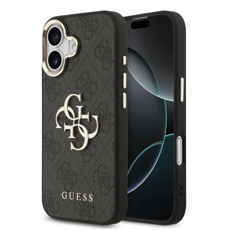 Guess PU Leather 4G Metal Logo Gold Frame Zadní Kryt pro iPhone 17 Black