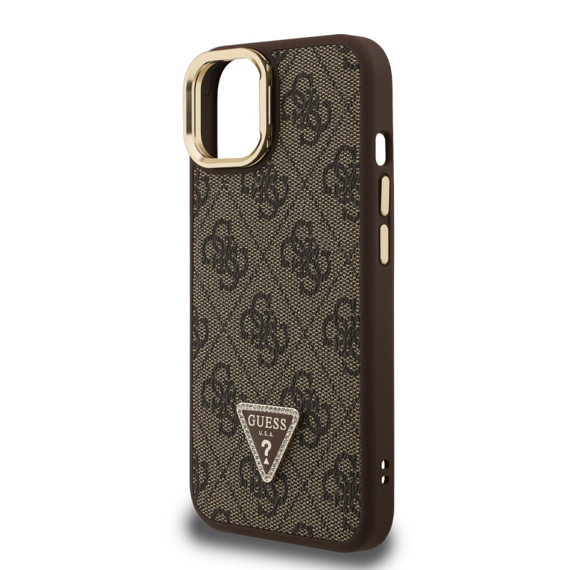 Guess PU 4G Strass Triangle Logo Stand Camera Frame MagSafe Zadní Kryt pro iPhone 14 Brown