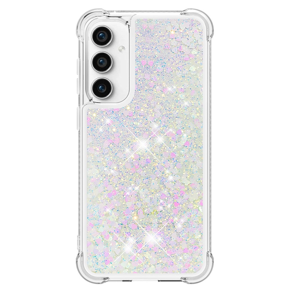 Glitter gelový přesýpací obal na Samsung Galaxy S23 FE - růžovostříbrný/srdíčka