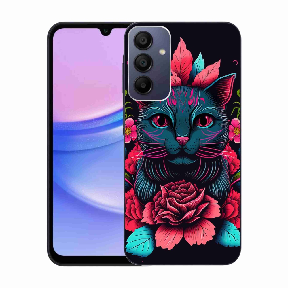 Gelový kryt mmCase na Samsung Galaxy A15 4G/5G - květiny a kočka
