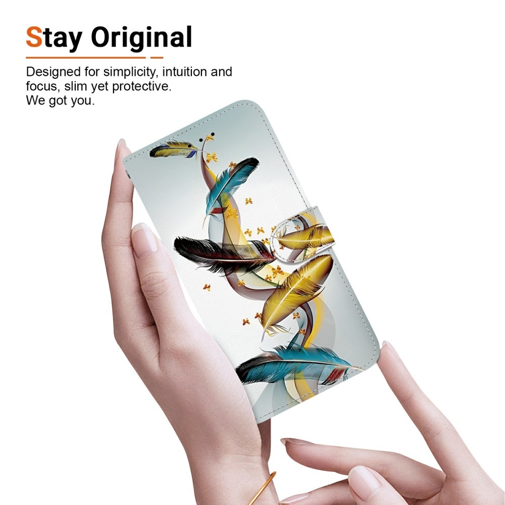 Versatile knížkové pouzdro na Samsung Galaxy A06 4G - zlatá a modrá pírka
