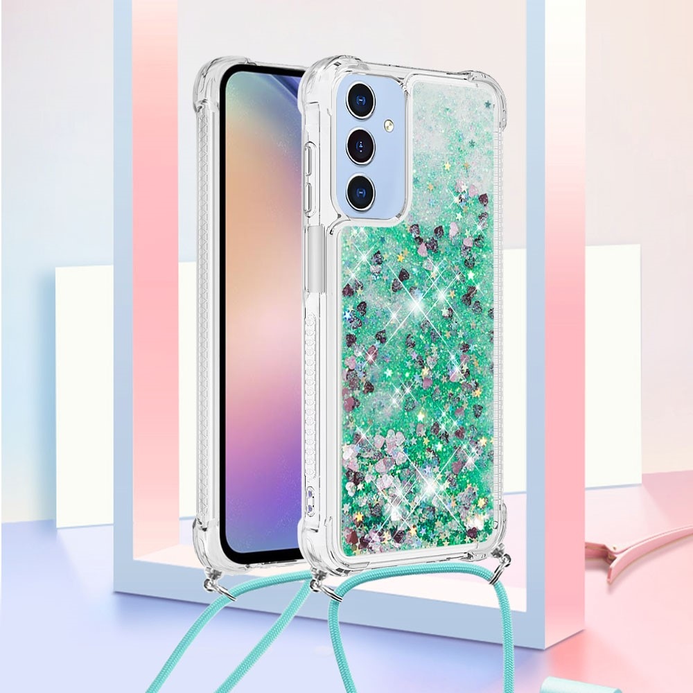 Glitters přesýpací gelový obal se šňůrkou na Samsung Galaxy A26 5G - zelený/srdíčka