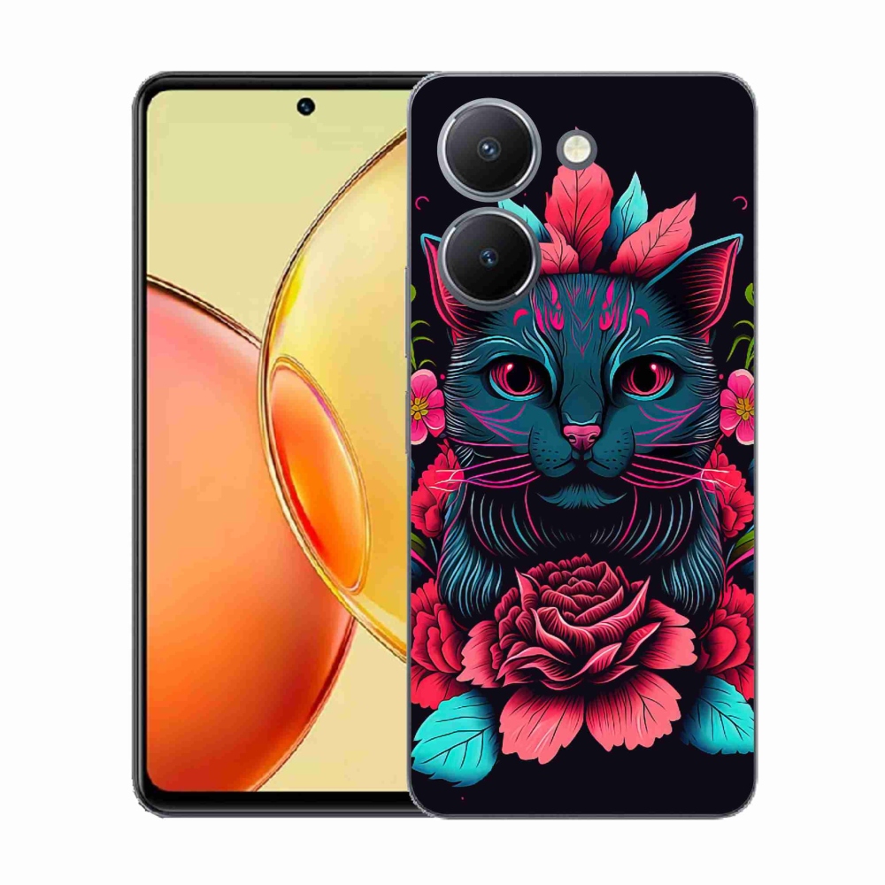 Gelový kryt mmCase na Vivo Y36 - květiny a kočka