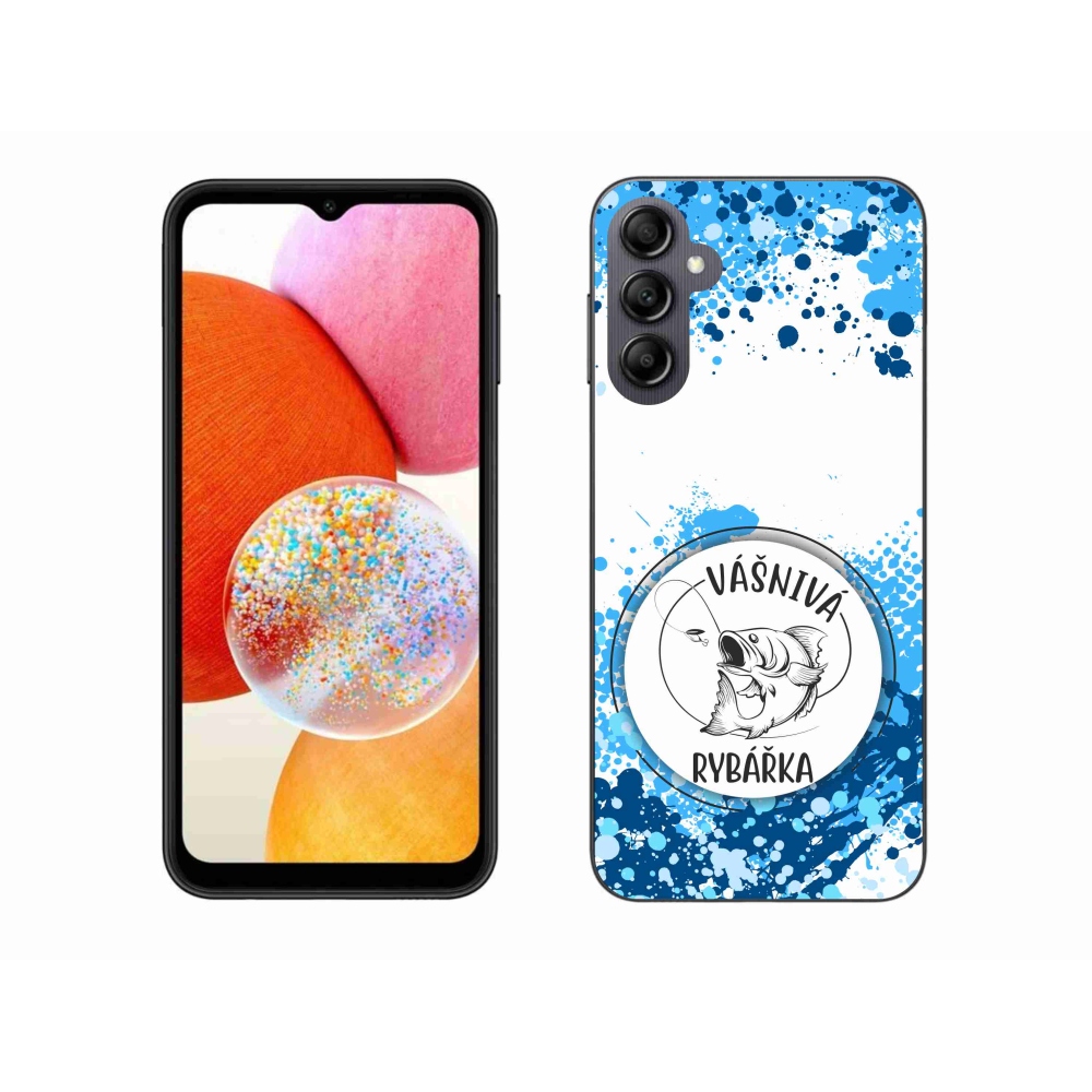 Gelový kryt mmCase na Samsung Galaxy A14 4G/5G - vášnivá rybářka bílé pozadí