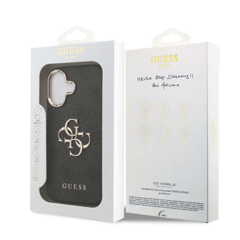 Guess PU Leather 4G Metal Logo Gold Frame Zadní Kryt pro iPhone 17 Black