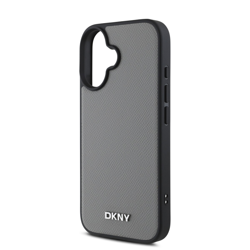 DKNY PU Leather Silver Metal Logo Magsafe Zadní Kryt pro iPhone 16 Grey