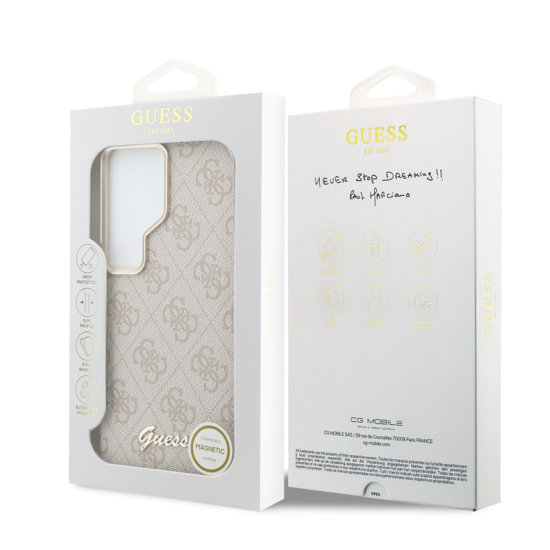 Guess PU 4G Script Metal Logo Magnetic Zadní Kryt pro Samsung Galaxy S26 Ultra Pink