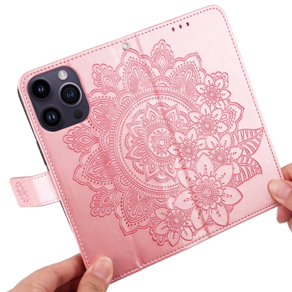 Mandala knížkové pouzdro na iPhone 15 Pro - růžové