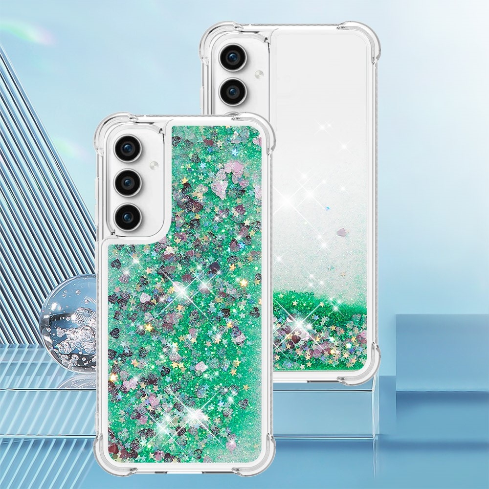 Glitter gelový přesýpací obal na Samsung Galaxy S23 FE - zelený/srdíčka