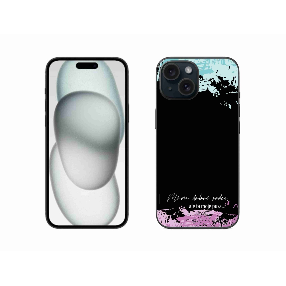 Gelový kryt mmCase na iPhone 15 - vtipný text 3 černé pozadí