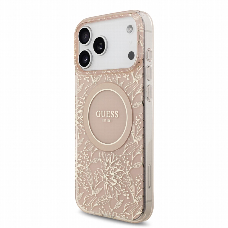 Guess IML Flowers Allover Strap MagSafe Zadní Kryt pro iPhone 18 Pro Max Pink