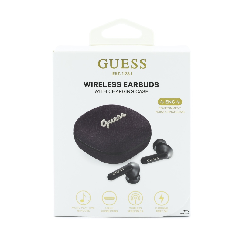 Guess PU Grained Script Metal Logo ENC TWS Bezdrátová Sluchátka Burgundy