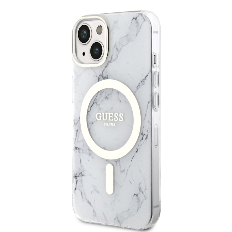 Guess IML Marble MagSafe Zadní Kryt pro iPhone 13 White