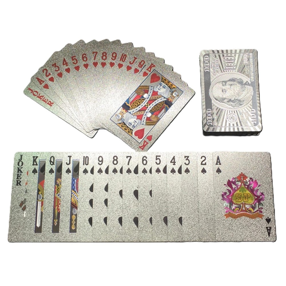 Voděodolné plastové hrací karty 100 dolarů ve stříbrném provedení 54 ks