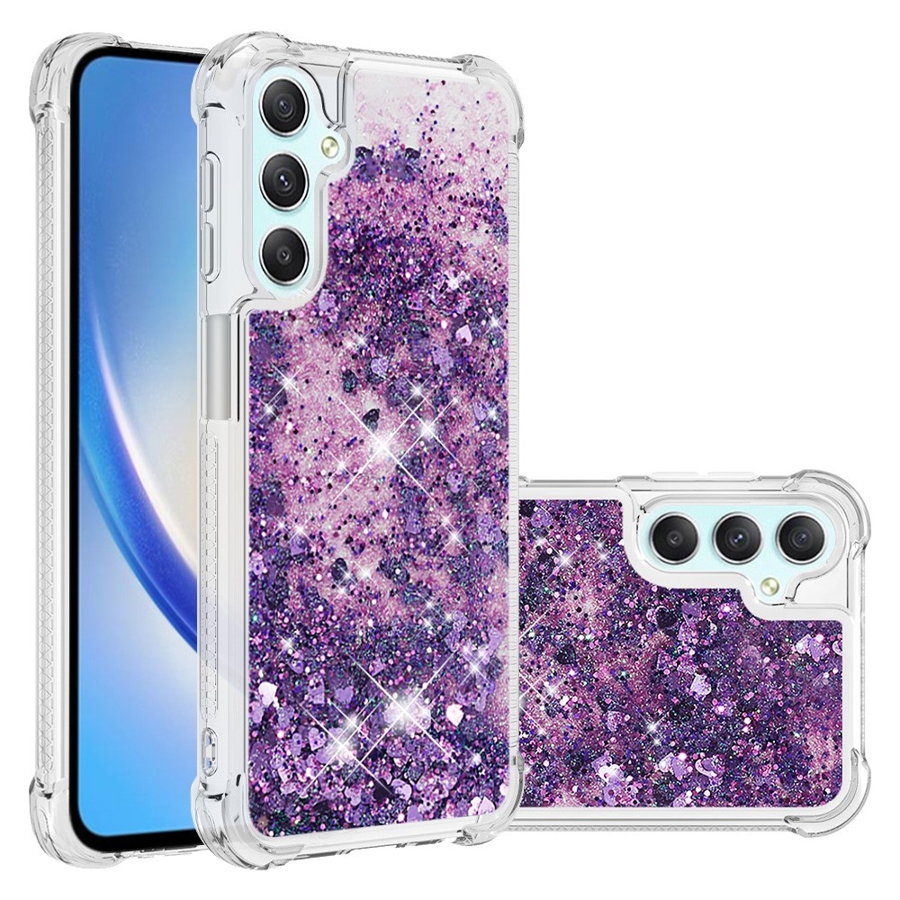 Glitter přesýpací gelový obal na Samsung Galaxy A24 - tmavěfialový/srdíčka	