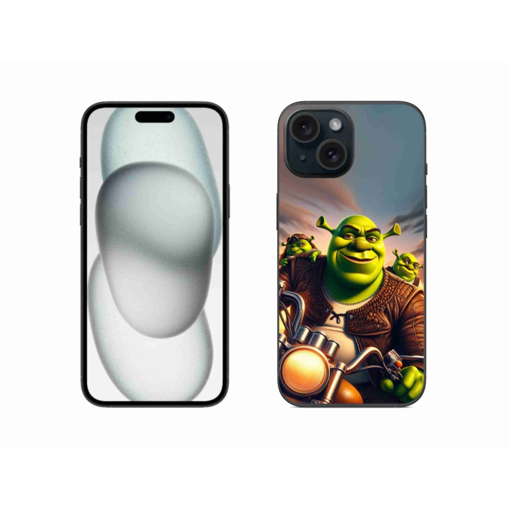 Gelový kryt mmCase na iPhone 15 - shrek na motorce