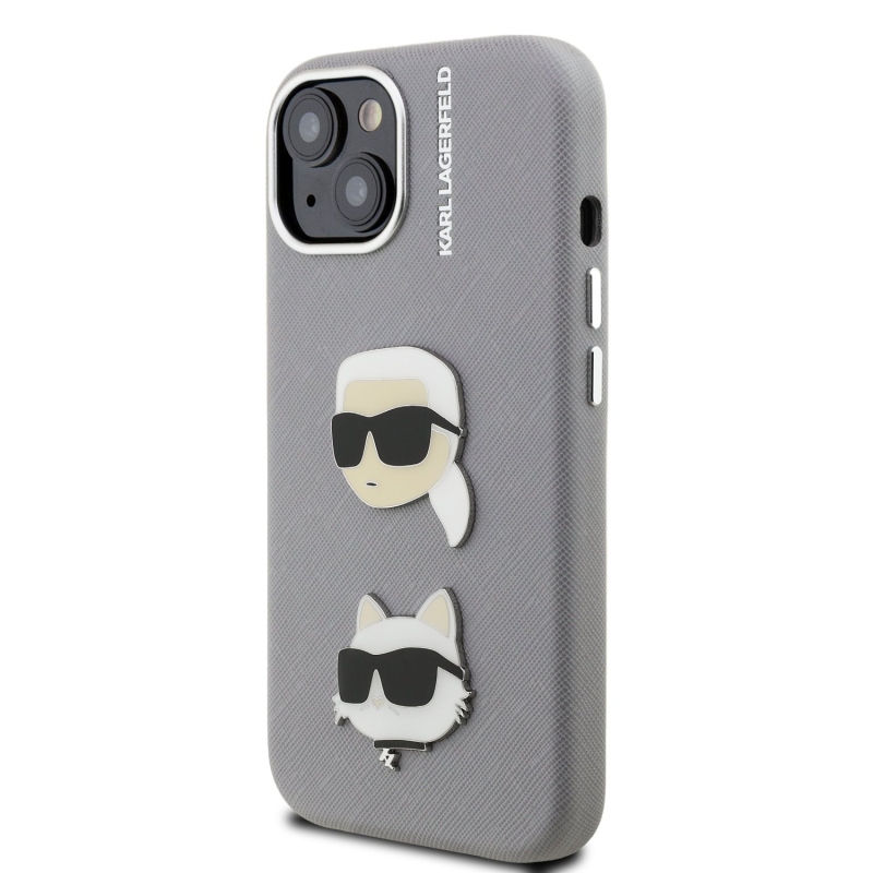 Karl Lagerfeld Grained PU K&CH Heads Zadní Kryt pro iPhone 15 Grey