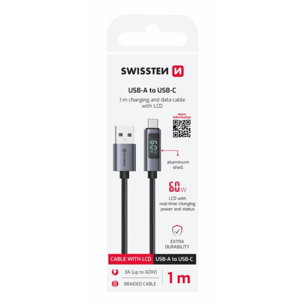 Swissten LCD kabel USB-A / USB-C 1m