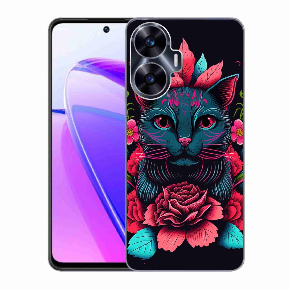 Gelový kryt mmCase na Realme C55 - květiny a kočka