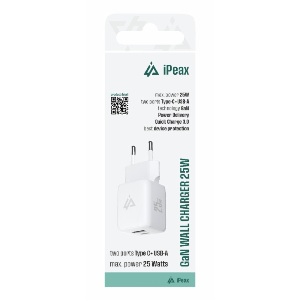 iPEAX GaN Síťová nabíječka 25 W, 1x USB-C a 1x USB-A - bílá